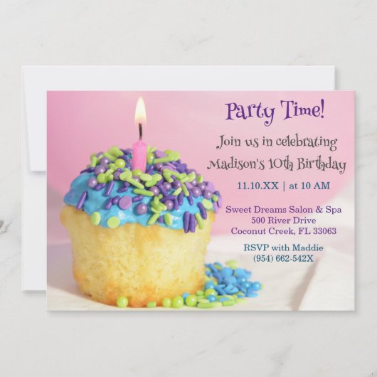 Roze Ballon blauwe cupcake Verjaardag Uitnodiging (Voorkant)