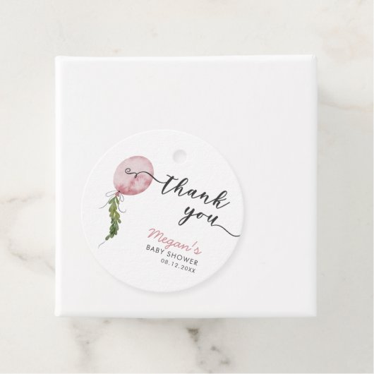 Roze ballon botanische bladeren Baby shower Bedankjes Labels (In situ)