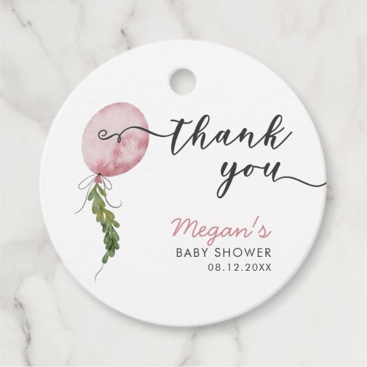 Roze ballon botanische bladeren Baby shower Bedankjes Labels (Voorkant)