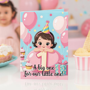 Roze ballon bruine baby nicht eerste verjaardag kaart