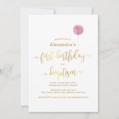 Roze ballon doop & 1e verjaardag gouden script kaart (Voorkant)