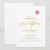 Roze ballon doop & 1e verjaardag gouden script kaart (Voorkant / Achterkant)