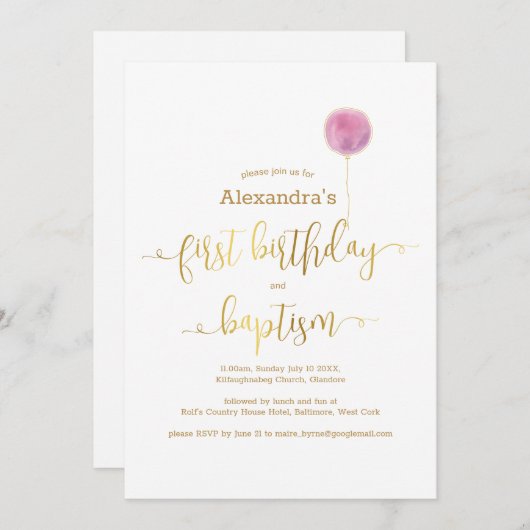 Roze ballon doop & 1e verjaardag gouden script kaart (Voorkant / Achterkant)