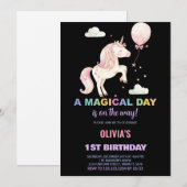 Roze Ballon Eenhoorn Verjaardag Uitnodigingen (Voorkant / Achterkant)