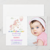 Roze Ballon Eenhoorn Verjaardag Uitnodigingen een  (Voorkant / Achterkant)