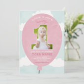 Roze ballon eerste verjaardag foto uitnodiging (Staand voorkant)