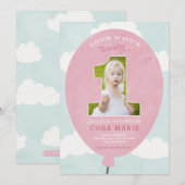 Roze ballon eerste verjaardag foto uitnodiging (Voorkant / Achterkant)