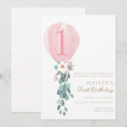 Roze ballon eerste verjaardag kaart (Voorkant / Achterkant)