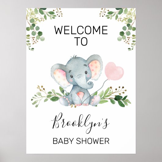 Roze ballon Elephant Baby shower Welkomstteken Poster (Voorkant)