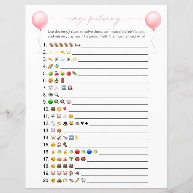 Roze ballon emoji boeken Baby douche spel (Voorkant)