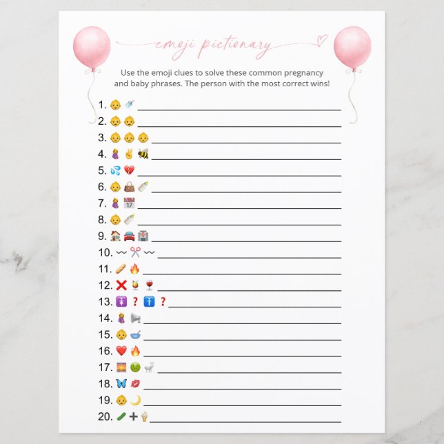 Roze Ballon Emoji Pictionary Baby Douche Spel (Voorkant)