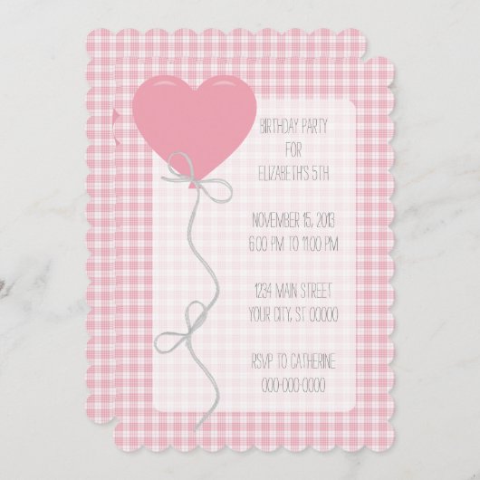 Roze ballon en Gingham Birthday Kaart (Voorkant / Achterkant)