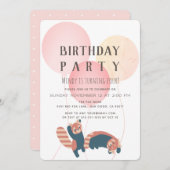 Roze ballon en rode panda verjaardagsfeestje uitno kaart (Voorkant / Achterkant)