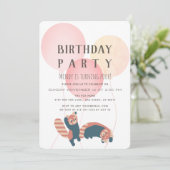 Roze ballon en rode panda verjaardagsfeestje uitno kaart (Staand voorkant)