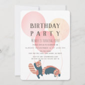 Roze ballon en rode panda verjaardagsfeestje uitno kaart (Voorkant)