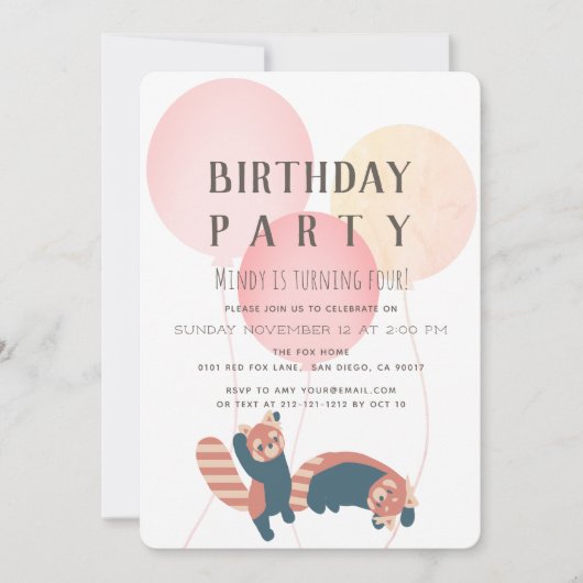 Roze ballon en rode panda verjaardagsfeestje uitno kaart (Voorkant)