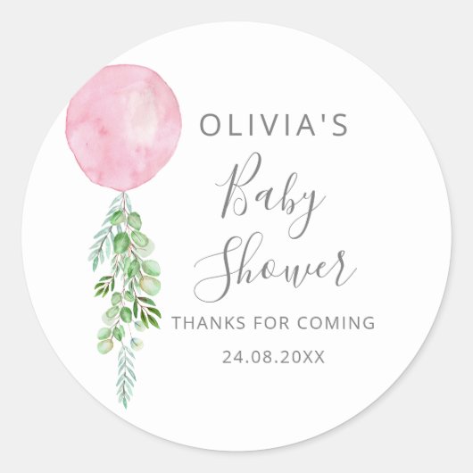 Roze ballon Eucalyptus Baby shower Ronde Sticker (Voorkant)