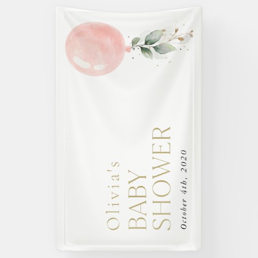 Roze ballon, Eucalyptus, Baby shower Welkom Spandoek (Verticaal)