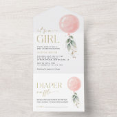 Roze ballon, Eucalyptus, Griekenland, Baby shower All In One Uitnodiging (Binnen)