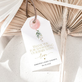 Roze ballon, Eucalyptus, Griekenland, Baby shower Cadeaulabel