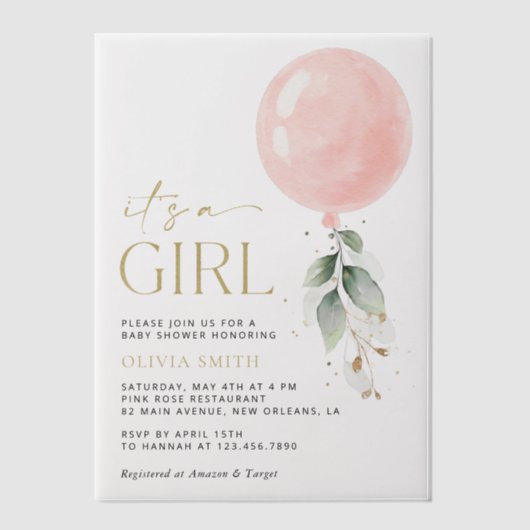 Roze ballon, Eucalyptus, Griekenland, Baby shower Vellum Uitnodigingen (Voorkant)