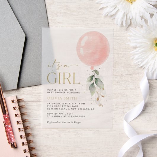 Roze ballon, Eucalyptus, Griekenland, Baby shower Vellum Uitnodigingen (Huwelijk)