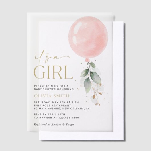 Roze ballon, Eucalyptus, Griekenland, Baby shower Vellum Uitnodigingen (Offset)