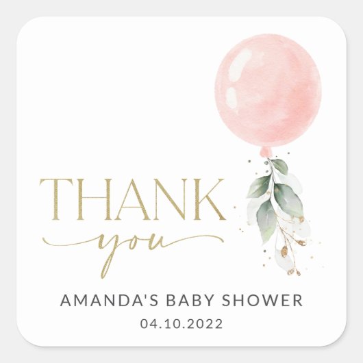 Roze ballon, Eucalyptus, Griekenland, Baby shower Vierkante Sticker (Voorkant)