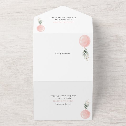 Roze ballon, eucalyptus, groen, eerste verjaardag all in one uitnodiging (Buitenkant)