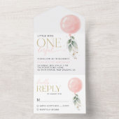 Roze ballon, eucalyptus, groen, eerste verjaardag all in one uitnodiging (Binnen)