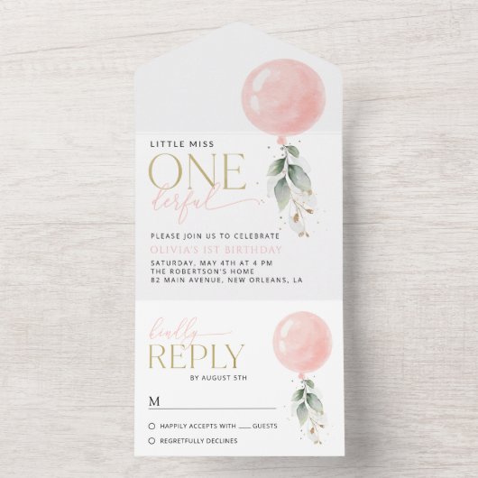 Roze ballon, eucalyptus, groen, eerste verjaardag all in one uitnodiging (Binnen)