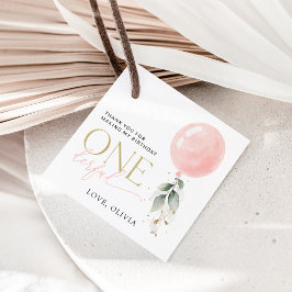 Roze ballon, eucalyptus, groen, eerste verjaardag bedankjes labels