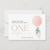 Roze ballon, eucalyptus, groen, eerste verjaardag bedankkaart (Voorkant)