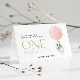 Roze ballon, eucalyptus, groen, eerste verjaardag bedankkaart