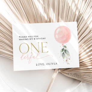 Roze ballon, eucalyptus, groen, eerste verjaardag bedankkaart