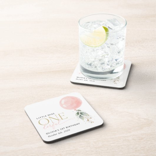 Roze ballon, eucalyptus, groen, eerste verjaardag bier onderzetter (Rechterzijde)