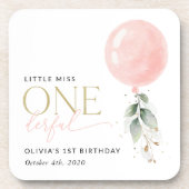 Roze ballon, eucalyptus, groen, eerste verjaardag bier onderzetter (Voorkant)