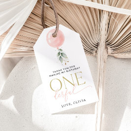 Roze ballon, eucalyptus, groen, eerste verjaardag cadeaulabel