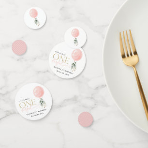 Roze ballon, eucalyptus, groen, eerste verjaardag confetti