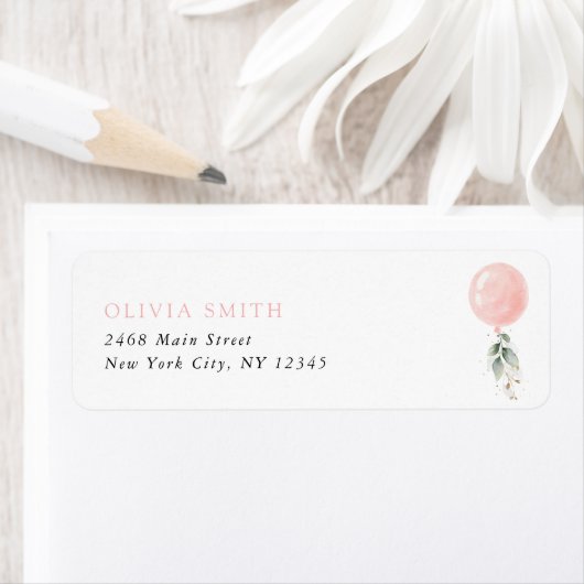 Roze ballon, eucalyptus, groen, eerste verjaardag etiket (Insitu)