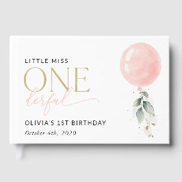 Roze ballon, eucalyptus, groen, eerste verjaardag gastenboek