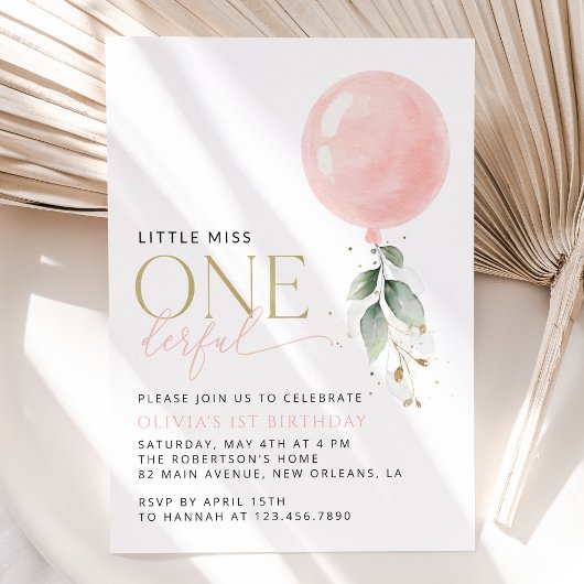 Roze ballon, eucalyptus, groen, eerste verjaardag kaart