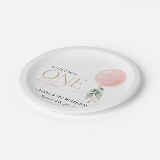 Roze ballon, eucalyptus, groen, eerste verjaardag papieren bordje (Gekanteld)