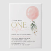 Roze ballon, eucalyptus, groen, eerste verjaardag vellum uitnodigingen (Voorkant)