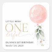 Roze ballon, eucalyptus, groen, eerste verjaardag vierkante sticker (Voorkant)