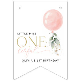 Roze ballon, eucalyptus, groen, eerste verjaardag vlaggetjes