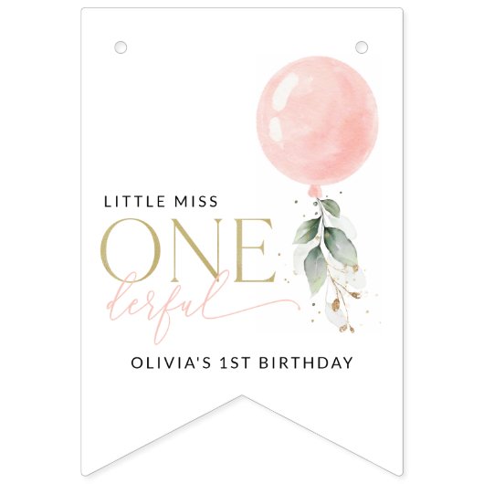 Roze ballon, eucalyptus, groen, eerste verjaardag vlaggetjes (Eerste vlag)