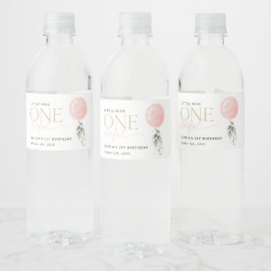 Roze ballon, eucalyptus, groen, eerste verjaardag waterfles etiket