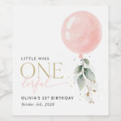 Roze ballon, eucalyptus, groen, eerste verjaardag wijn etiket (Enkel label)