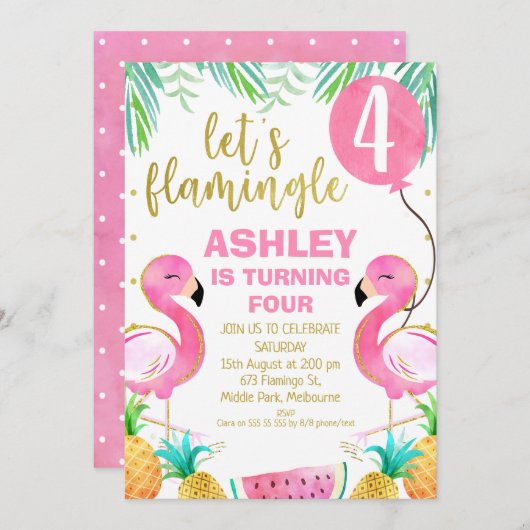 Roze ballon Flamingo Any Age Birthday Uitnodiging (Voorkant / Achterkant)